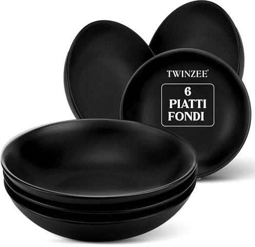Twinzee Steinzeug Geschirrset Schwarz - Set von 6 Tiefe Teller - Mikrowellen- und Spülmaschinenfest - Geschirr und Tischkunst Elegant