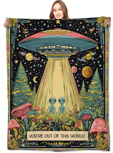 VODRM Alien & UFO Decke, Weltraum-Überwurfdecken mit buntem Pilz, Planet und Stern, Geburtstagsgeschenk für Kinder, Erwachsene und Sci-Fi-Liebhaber, leichtes weiches Fleece, für Sofa, Couch,