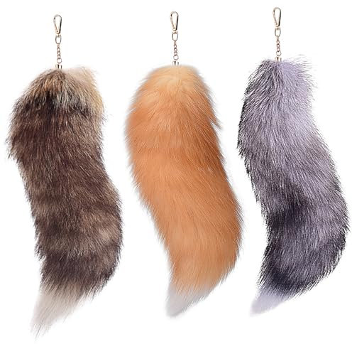 Lot de 3 queues de renard Therian, 15,8 pouces, longue queue de renard Therian avec fermoir, porte-clés en queue de renard doux et moelleux pour Halloween, queues de renard suspendues, gris