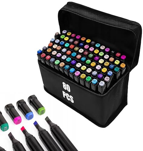 80 Farben Alcohol Marker Set, Marker Stifte Set für Manga/Design/Schule mit, Schnell Trocknende Alkohol Marker Set, Doppelseitige Marker Stifte, Filzstifte, Zeichnung, Ausmalen mit Tragetasche