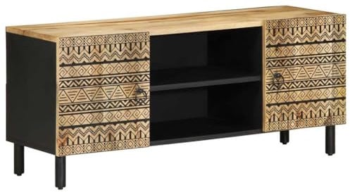 vidaXL Meuble TV Noir 105x33,5x46 cm Bois Massif manguier Brut, Banc TV, Meuble HiFi, Centre de Divertissement, Buffet TV, Meuble multimédia