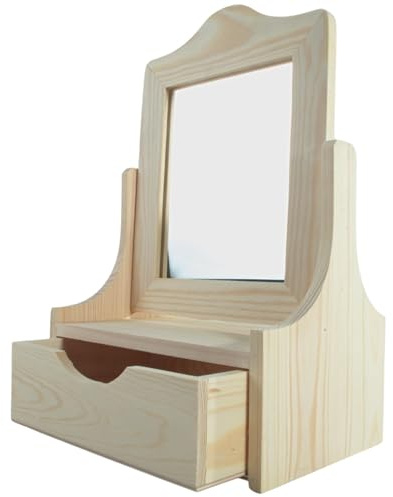 WooDeeDoo Vanity Dressing Table Drawer Wooden Box with Mirror 23 x 15.5 x 35 cm Unfinished Pine Jewellery Makeup Storage Organiser Decorative Wooden Display Box for Craft Painting Staining