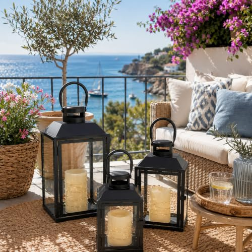 Set di 3 lanterne da giardino, lanterne in metallo, per esterni, in metallo, colore nero, altezza 24/33/41 cm