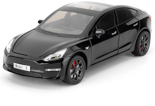 imtfzct Tesla Model 3 Spielzeugauto, 1/24 Gusslegierung Modellauto mit Sound und Lichtfunktion und Pullback Funktion, kann die Tür öffnen Design, Sammlermodell Auto, Geschenk für Kinder(schwarz)