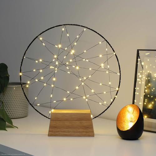 hellum LED Traumfänger, Ring Ø35cm, Dekoring mit Fuß mit 100 warmweißen LED, Lichterkranz Fenster innen mit Holzsockel, Metallkranz mit Timer und Fernbedienung, Innentransformator 151756