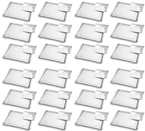 AC - Pack de 24 bandejas rectangulares con blonda - Cartón y Papel - Especial para Fiestas, presentación de postres - Material reciclable - 34 x 42 cm - Color Plata