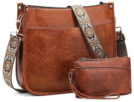 VINBAGGE Handtasche Damen mittelgroß Henkeltasche Umhängetasche Leder Shopper Tasche Abnehmbar verstellbarem Farbigem Riemen- Set 2pcs Braun