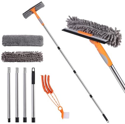 GOYOXOKY 5.5Ft/1.7M Window Squeegee Cleaner Tool Kit with 4 Pole Long Handle, Glass Cleaner Brush with Silicon Squeegee and Microfiber Cloth, High Window Cleaning Equipment for Wall, Car Glass, Mirror