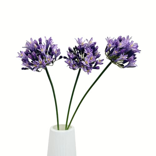 Urier Large Artificial African Agapanthus,Long Stem Artificial Flowers for Tall Vase,Silk Plants for Home Decor Indoor, Silk Flowers for Wedding Bouquet Office Party Decor (3, Purple, 26)