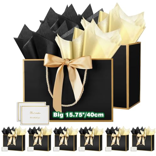 HONTIUS 15.75'' 8 Stück Geschenktüten Groß, Geschenktüte, Wiederverwertbar Geschenktüten Groß Geschenk Tüte Schwarz 40 * 30 * 12.5cm Gift Bag Bags für Geburtstag Hochzeit Feier Party D