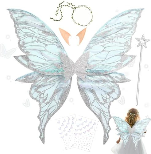 Ailes de Fée Enfant,Ailes de Fée Clochette Avec Oreilles d'Elfe- Une Couronne de Fleurs- Une Baguette Magique,Ailes de Papillon,Fairy Wings Adult pour Jeux de Rôle,Carnaval,Anniversaire,Festival