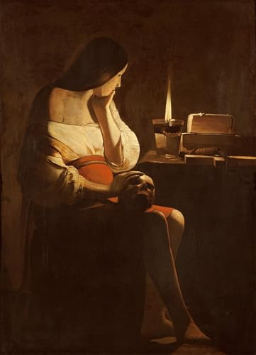 HRJUBWREE Kunst Gemälde Leinwand Malerei Poster Leinwand Wandkunst Maria Magdalena mit einem Nachtlicht von Georges De La Tour Ölgemälde Wandbilder für Wohnzimmer Dekoration 60x90cm
