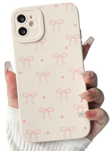 NITITOP Compatible with iPhone 12 Mini Case Cute Bow Ribbon Love Heart Pattern Aesthetic Bowknot Design for Women Girls White Back Soft TPU Shockproof More Protective Cover - Pink