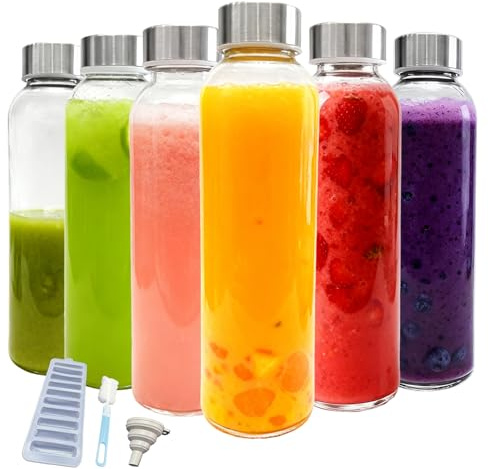 Yumzxin 6 Pack 500ml Glass Bottles with Lids, Reusable Water Bottles with Stainless Steel Cap for for Juicing Beverage Refrigerator Travel