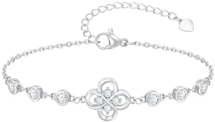 Kleeblatt Armband Damen Gold Silber - 14K Vergoldet Armkette für Mädchen Frauen, Charm Armband mit Zirkonia Vierblättrige Kleeblatt, Weißgold Plattiert Schmuck Geschenk für Jahrestag Weihnachten