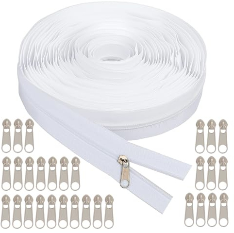 Endlosreißverschluss mit Zipper 5mm * 20m Weiß Reisverschluss Endloses mit 30 Silber Metall Zipper für Reißverschluss für Bettwäsche Reißverschluss Meterware für Bettwäsche Kleidung Tasche