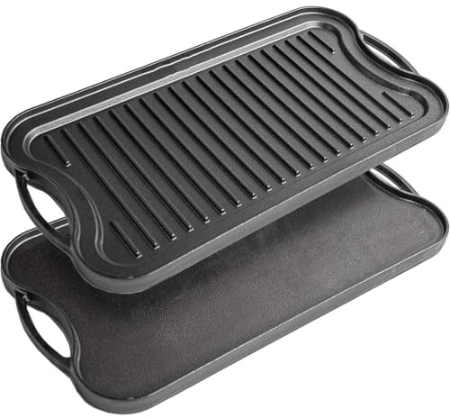 Thrink Cast Iron Reversible Griddle Plate 50.5cm, Double Sided Grill & Flat Top Pan, Pre-Seasoned Non-Stick Cooking Surface, Heavy Duty Heat Retention, Suitable for Induction Gas Electric Hob & Oven