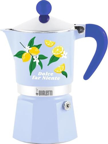 Bialetti Moka Rainbow Dolce Far Niente 3-Tassen-Kaffeemaschine Blau mit Zitronenmuster Aluminium 130 ml Manuelle Espresso-Zubereitung