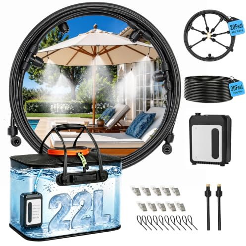 Bluepro Sistema de nebulización portátil de 50 pies para enfriar, rociadores para patio exterior con tanque plegable de 5.8 galones/22 L, bomba de 5200 mAh (IPX8) y 8 boquillas de latón ajustables
