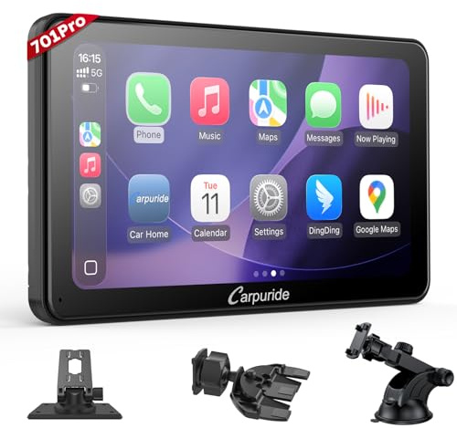 CARPURIDE W701 Pro CarPlay Display 7 Android Auto Bluetooth Transmission | 1080P Touchscreen mit 3 Halterungen, Mirrorlink, Dual Bluetooth, GPS, Siri, FM und Android Auto für Auto und LKW