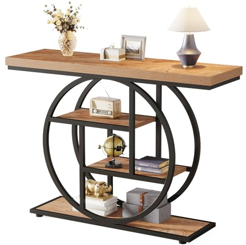 Tribesigns Console de Style Industriel de 105 cm, à 4 Niveaux avec Base Circulaire, étroite en Bois avec étagères de Rangement pour Salon et Couloir (Chêne Brun)