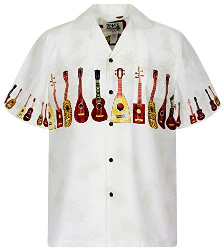 KY‘s | Original Hawaiihemd | Herren | S - 8XL | Kurzarm | Front-Tasche | Hawaii-Print | Ukulele Party Musik | Weiß