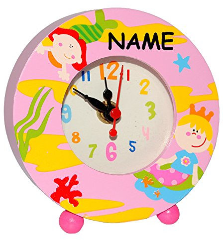 alles-meine.de GmbH Lernuhr/Tischuhr - Nixe/Meerjungfrau & Prinzessin - incl. Name - as Holz/für Kinder - Analog - für Mädchen - stabile Standuhr/Tisch Uhr - große Ti..