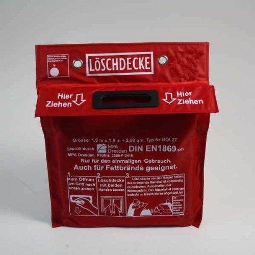 Löschdecke 1,6m x 1,8m in Tasche zum Aufhängen mit Grifftaschen zur sicheren Handhabung