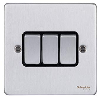 Schneider Electric GU1532BBC Ultimate Low Profile Brushed Chrome Black Insert 3 Gang 2 Way 16AX Plate Switch