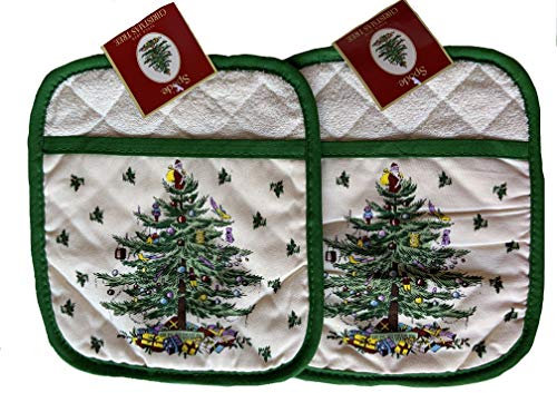 Spode 2 Pc Christmas Tree Pot Holders Oven Mitt Square Bundle