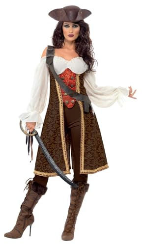 Smiffys High Seas Pirate Wench Costume, Brown with Dress, Trousers and Baldric, Pirate Fancy Dress, Pirate Dress Up Costumes
