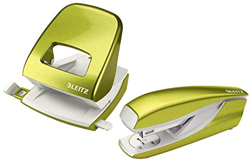 Leitz Locher (30 Blatt, Anschlagschiene mit Formatvorgaben, Metall, Wow) (Grün metallic + Heftgerät)