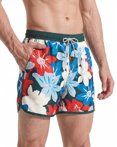 MaaMgic Mens 5 Short 70s 80s 90s Vintage Swim Trunks Quick Dry Bathing Suits Swimming Shorts Swimsuits Board Shorts,Showy Flowers,M