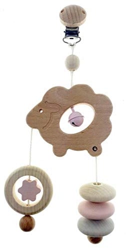 Hess Holzspielzeug 13521 - Minitrapez aus Holz, Serie Schaf, für Babys, handgefertigt, nature rosa, ca. 12 x 6 x 4 cm groß, mit Clip zum Aufhängen