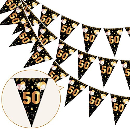 HOWAF 50. Geburtstag Banner Girlande 50 Wimpel Girlande Bunting zum Aufhängen Wimpelkette für Frau Mann 50. Geburtstag Party Dekoration Geburtstags Deko Schwarz Gold