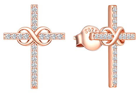 MicLee Boucles d'oreilles femme fille en argent 925, boucles d'oreilles croix classique, clous d'oreilles symbole infini, Zircon incrusté, or rose