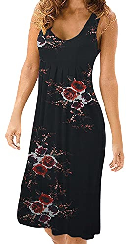 YMING Women's Holiday Travel Breathable Casual Fashion Dresses Simple Retro Summer Going Out Midi Dress Blk Flower S