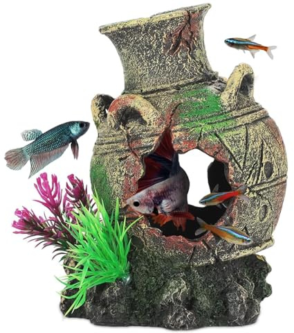 UNEAK - Aquarium Decorations Big Cave Fish Tank Large Vase Jar Jug Sunken Ornament Landscaping Rocks Saltwater Freshwater Small & Medium Fish Garden Pond Ornaments Resin