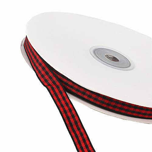 45m Karoband Schleifenband Geschenkband Vichy Bauernkaro Bänder zum Basteln,Stoffband Dekoband Bögen für Weihnachten Hochzeit Valentinstag Taufe Geburtstags Party Geschenk Verpackung,6mm Rot Schwarz