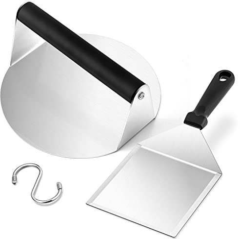 Leonyo Hamburger-Spatel und runde Burgerpresse, robuste Grillplatte, Metallwender und Edelstahl-Smash-Speck-Grillpresse für flache Teppanyaki-Grill, Käse, Burger, Patty, Kunststoffgriff