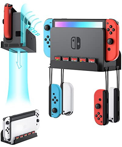 ZAONOOL Support mural pour Nintendo Switch et Switch OLED, kit de montage mural en métal avec 5 supports de cartes de jeu et 4 crochets Joy Con, pour ranger en toute sécurité la console de commutateur
