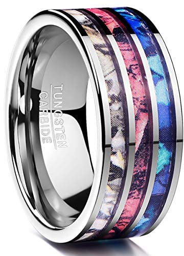 Vakki Herren Ringe Wolfram Partner mit Dreifarbige Camouflage 10mm Polieren Silber Ehering Alltägliche Modeaccessoires Größe 54(17.2)