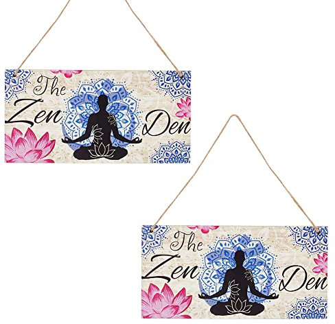 NBEADS 2 ensembles Décor de Panneau en Bois de Lotus Zen Den avec Ficelle de Jute, Lotus Yoga Signe Yoga Mur Art en Bois Suspendu Mur Signe Bois Plaque Signe pour Zen Chambre Décor à la Maison
