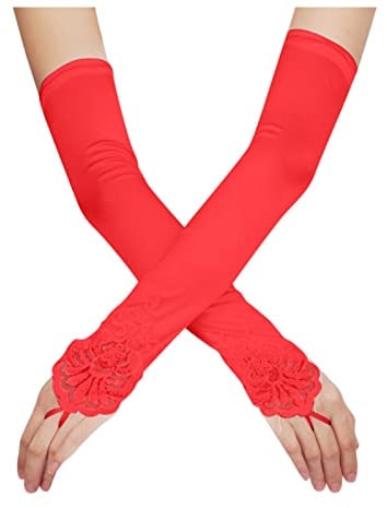 Lange Finger-Handschuhe aus Satin, dehnbar, 1920er-Jahre, Opern-Handschuhe, Abend-Tanzhandschuhe für Frauen und Mädchen, ohne Finger, Klapphandschuhe (rot, Free Size)