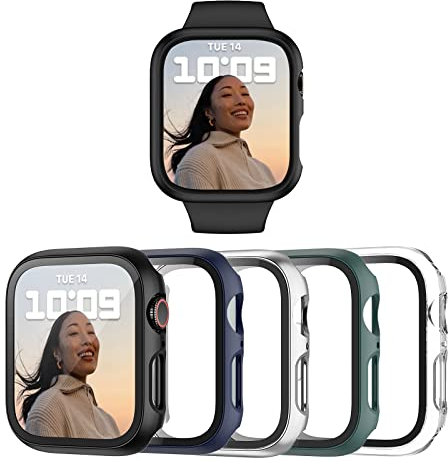Haojavo 5 Stück Hard PC Schutzhülle für Apple Watch Serie SE/SE 2/6/5/4 44mm, iWatch Hülle Mit Glas Displayschutz, schutzfolie gehärtetem Glas Gesamtblasenfreie Abdeckung für iWatch-Zubehör