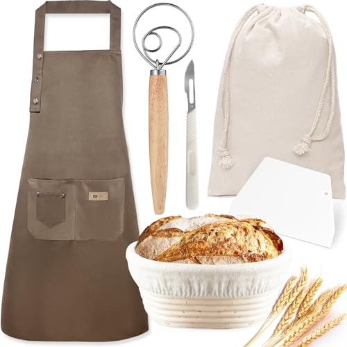 Banneton à Pain pour Pain Maison(Taille Améliorée 2023).Tablier de Cuisine en Coton.Coupe Pâte.Sac de Rangement en Lin.Lame de Boulanger. Mélange Pâte en Acier Inoxydable.Accessoire Boulanger