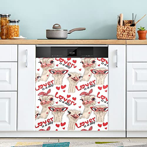 Seamless Ostriches with Red Glasses Hairpins Lover is a Day Letterings Dishwasher Fridge Sticker Magnetic Door Front Cover, Reusable Refrigerator Magnet Sheet Kitchen Appliances Decor 23x 26