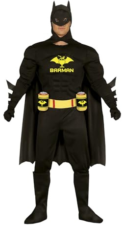FIESTAS GUIRCA | Superhero Barman Fancy Dress Adult (42-44/L) - Cape, Belt, Jumpsuit and Can Holder - Superhero and Villain Costumes for Stag Do, Halloween and Carnival - Men - Black