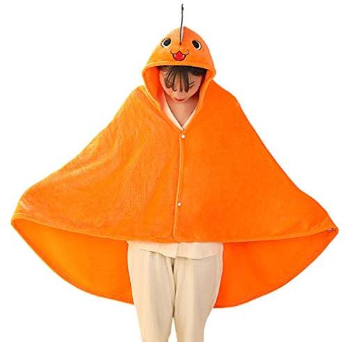 Roffatide Anime Cape Chainsaw Man Pochita Cloak Hooded Throw Fleece Wearable Blankets Cosplay Costume Orange 150 * 120cm