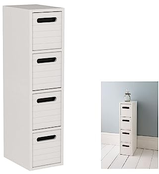 Homme Concept - White Slimline Bathroom Storage Cabinet, Narrow 4 Drawer Storage Unit, Wooden Bathroom Floor Cabinet, Fully Assembled, Freestanding for Living Room, Dining Room, Kitchen, Bedroom.